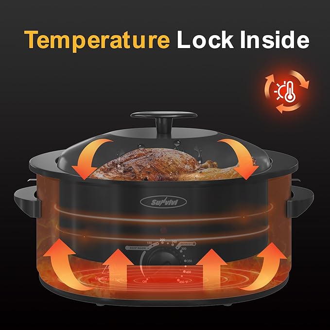 Sunvivi Roaster Oven with Self-Basting Lid, Electric 8-Quart Turkey Roaster Oven with Removable Pan and Rack, Stainless Steel, Black