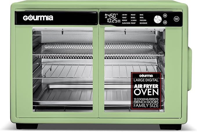 Gourmia French Door Digital Air Fryer Oven - XL 37QT Capacity, 12 Presets, FryForce 360° Tech, Dehydrate, Proof, Slow Cook, Fits 13” Pizza, 1700W, Green