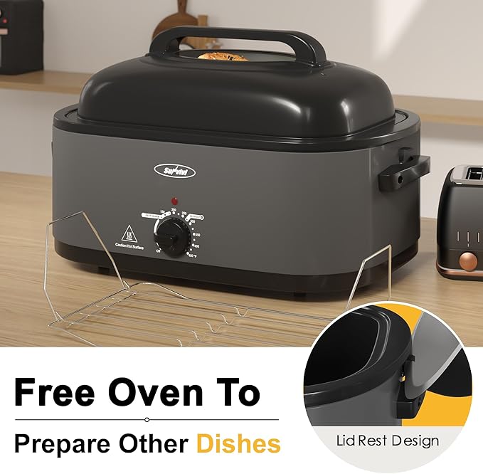 Roaster Oven, Electric Roaster Oven with Viewing Lid, Large Roaster with Removable Pan & Rack, Turkey Roaster with Unique Defrost/Warm Function, Stainless Steel, Grey, 26QT