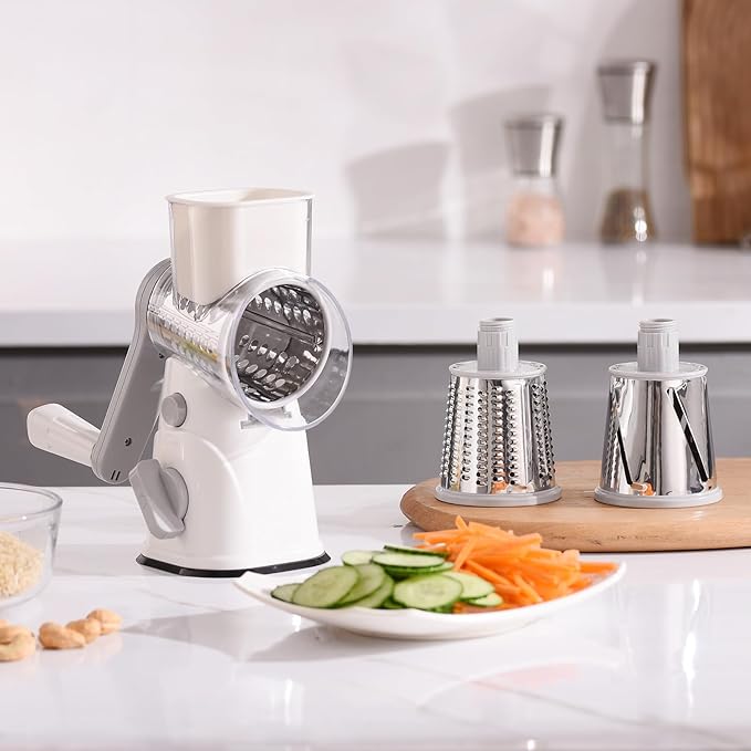 Rotary Cheese Grater, Kitchen Mandoline Vegetable Cheese Shredder with 3 Interchangeable Blades, Easy to Clean Rotary Grater Slicer with Handle,Kitchen Grater Grinder for Cutting Cheese,Vegetable,Nuts