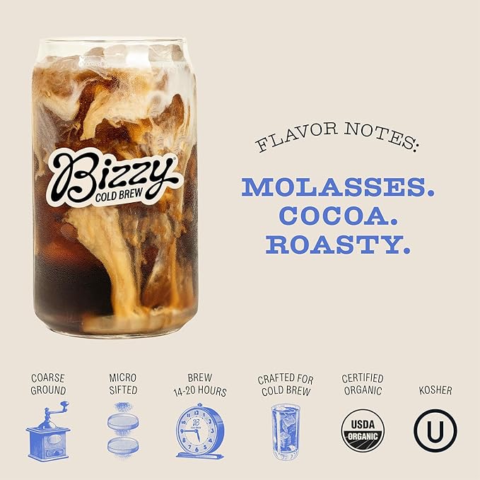 Bizzy Organic Cold Brew Coffee | Dark & Bold Blend | Coarse Ground Coffee | Dark Roast | Micro Sifted | Specialty Grade | 100% Arabica | Brew Bags | 4 Count | Makes 14 Cups