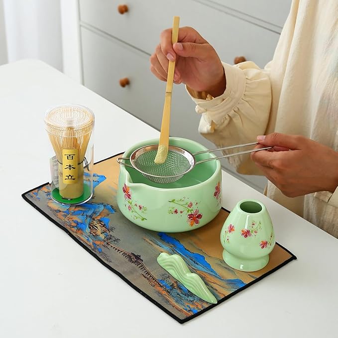 Matcha Set 7-Piece matcha whisk set，matcha set Kit, 1matcha whisk, 1 Scoops, Strainer, macha whisk set green matcha kit