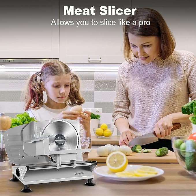 OSTBA Meat Slicer Machine, Two 6.7” Removable Stainless Steel Blades and Food Carriage, 150W Electric Deli Food Slicer for Home Use, Easy to Clean, 0-15mm Adjustable Thickness for Meat, Cheese, Bread