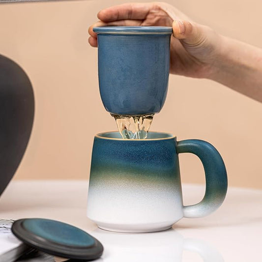 Tea Cup with Infuser and Lid 16oz - Kiln-Transformed Ceramic Mug with Blue-White Gradient, Large Grip Handle Loose Leaf Tea Set, Anniversary Birthday Gift