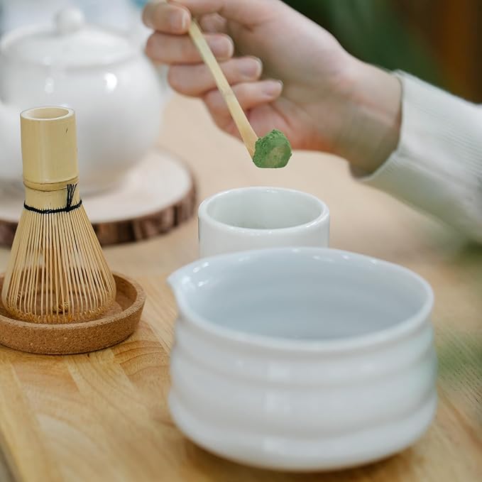 Matcha Whisk Set- Matcha Set includes Matcha Whisk and Bowl with Spout, Sifter, Holder and Scoop- The Perfect Bamboo Whisk for Matcha Tea (White)