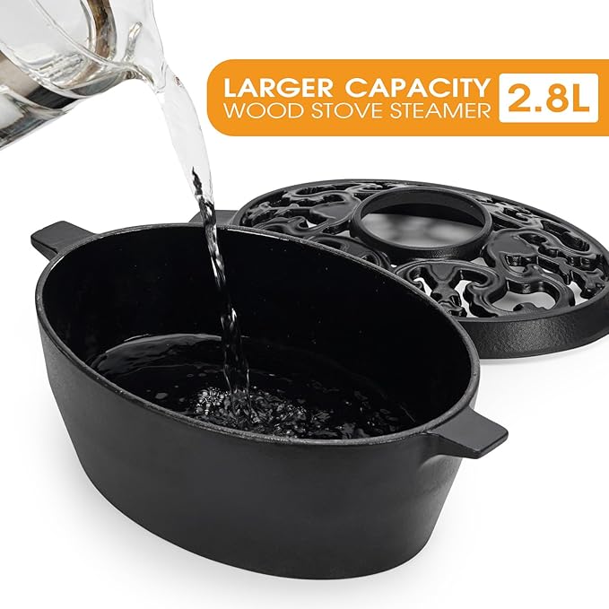 Wood Stove Steamer,2.5Quart Cast Iron Humidifier for Wood Stove,Large Capacity Wood Stove Humidifier,Large Diameter Mouth Lattice Top Rust Resistant Fireplace Humidifier Pot,Black