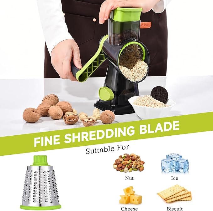 Rotary Cheese Grater with Handle Kitchen Shredder Slicer Grater Slicer Ice Shaver Cheese Vegetable Nuts Potato Zucchini Chocolate 3 Interchangeable Blades