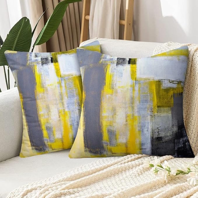 Yellow and Grey Abstract Art Artwork Pillow Cover, Gallery Modern Decorative Throw Pillows Cushion Cover for Bedroom Sofa Living Room 22 x 22 Inch Set of 2