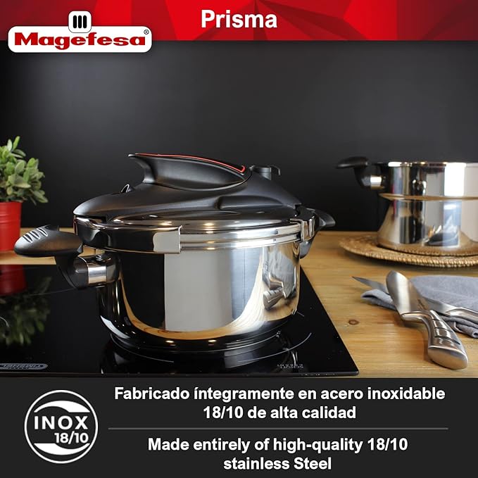 MAGEFESA Prisma Pressure Cooker, 4.2+6.3 Qt, 18/10 Stainless Steel, Easy Lock, Induction Compatible, 5 Safety Systems, 11.6 PSI