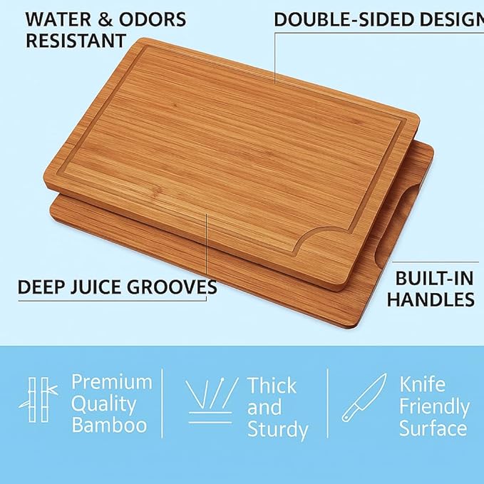 Crack Resistant Cutting Boards for Kitchen Serving & Meal Prep - Bamboo Wood Board Set with Deep Juice Grooves & Side Handles - Charcuterie & Chopping Butcher Block for Meat (3 Pcs)