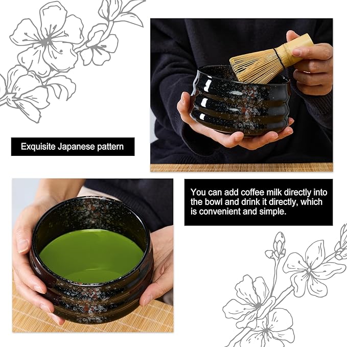 Sisher Matcha Tea Set,Matcha Making Kit (5pcs) Includes Matcha Bowl, Matcha Whisk and Holder, Bamboo Scoop, Scoop Rest and Sifter Matcha Bowl Set for Matcha Lovers (Black)