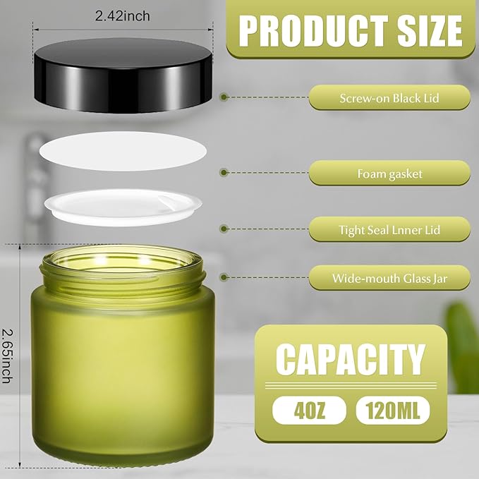 Norme 48 Pcs 4 oz Glass Jars with Lids Leakproof Round Airtight Empty Cosmetic Jars with Inner Liners Lid for Storing Lotions Powder Ointments Candle Making Tins (Pea Green)