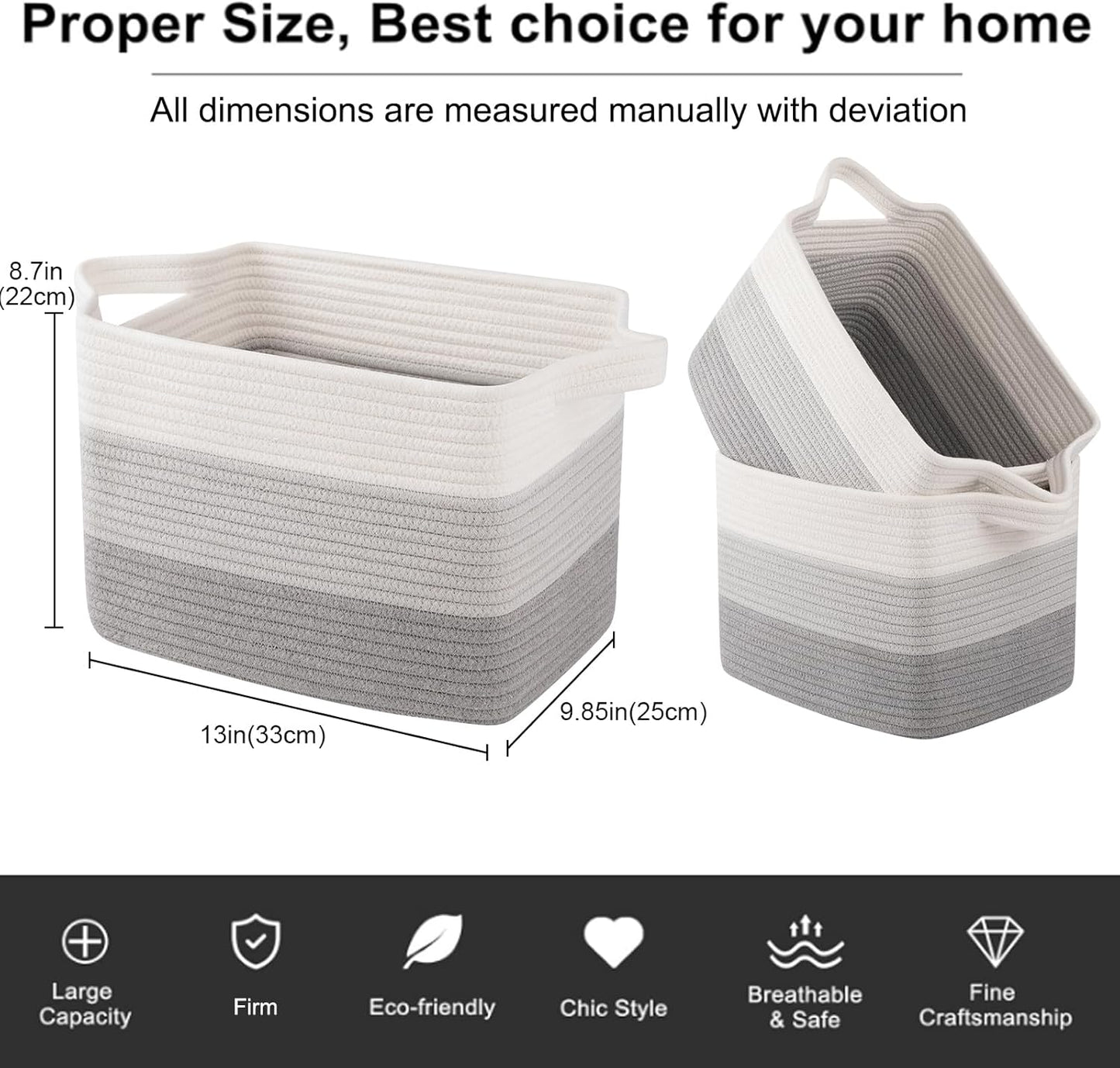 OIAHOMY Storage Basket, Woven Baskets for Storage, Cotton Rope Basket for toys,Towel Baskets for Bathroom - Pack of 3, Gradient Gray