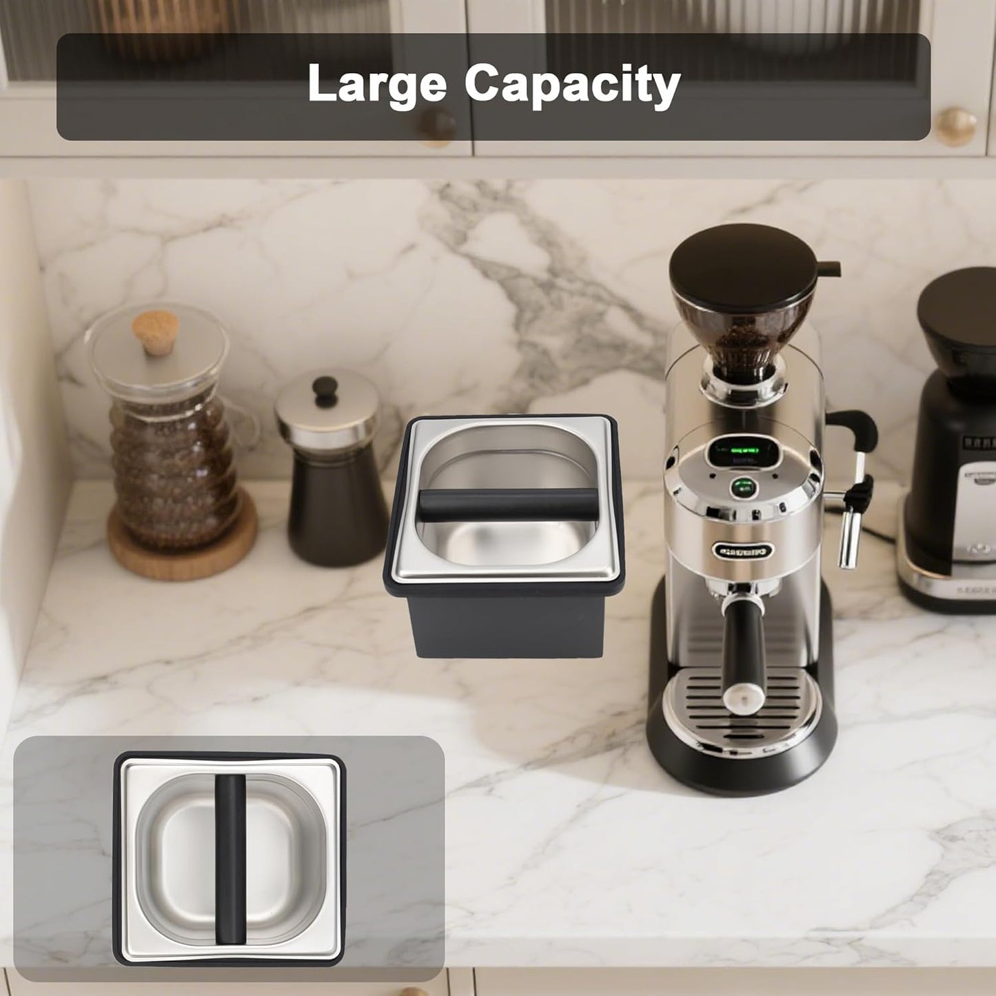 Espresso Knock Box, Coffee Knock Box for Espresso Grounds Disposal, Large Capacity, Equipped with Noise Reduction Rubber Ring & Steel Holder, Ideal Tool for Espresso Machines, Black (Small)
