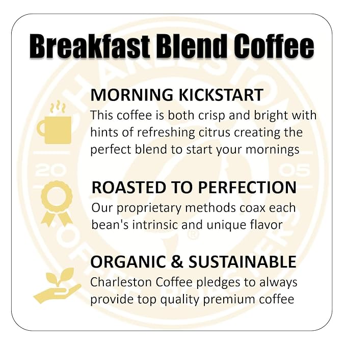 Charleston Coffee Roasters | Specialty Organic Whole Bean Coffee | Hand Picked, Premium Slow Roast | (Breakfast Blend, Medium Roast) 28oz