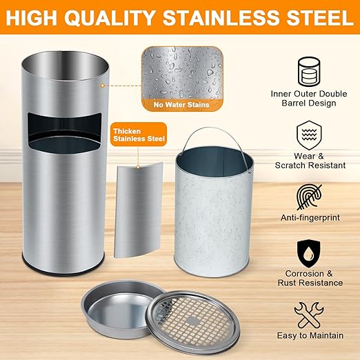 GarveeHome 4.5 gal/17 L Indoor Outdoor Trash Can, Commercial Garbage Can with Removable Inner Bucket, Stainless Steel Ashtray Metal Can, Waste Bin Container with Lid for Outside Patio
