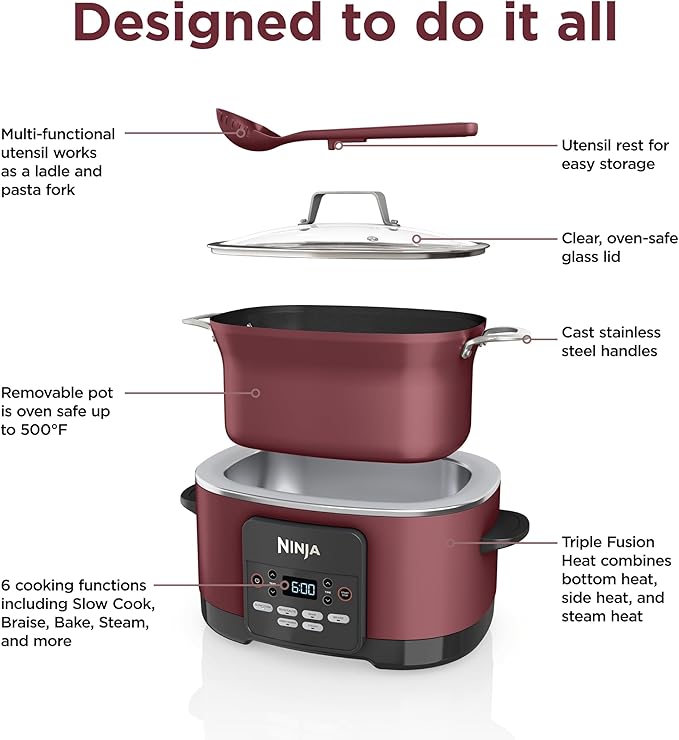 Ninja Foodi PossibleCooker PRO 8.5Qt Multicooker 8 in 1 Slow Cooker, Dutch Oven, Steam Bake Roast Sear Sauté Bread Maker Warmer, Glass Lid, Integrated Spoon, Nonstick (Cherry)