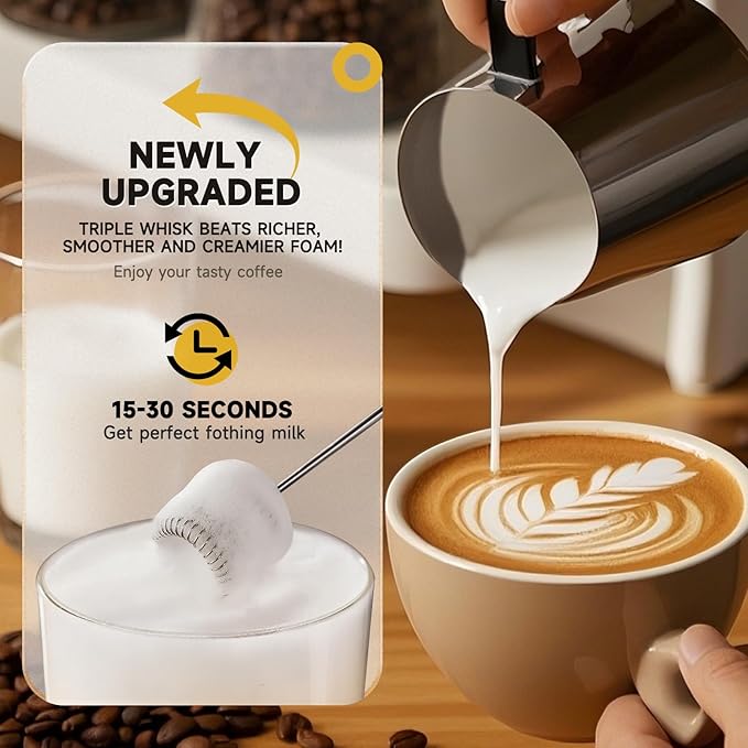 Handheld Milk Frother Wand for Coffee, Rechargeable Electric Triple-Spring Whisk with 3 Heads 3 Speeds 1 Stand Drink Mixer Coffee Frother For Latte, Cappuccino, Hot Chocolate, Egg
