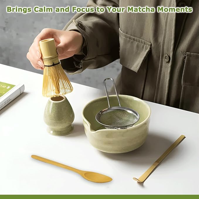 Matcha Whisk Set, Ceramic Matcha Set Includes Matcha Bowl, Matcha Whisk and Holder, Bamboo Scoop, Sifter and Tea Towel - 7 Pcs Matcha Kit for Matcha Lovers