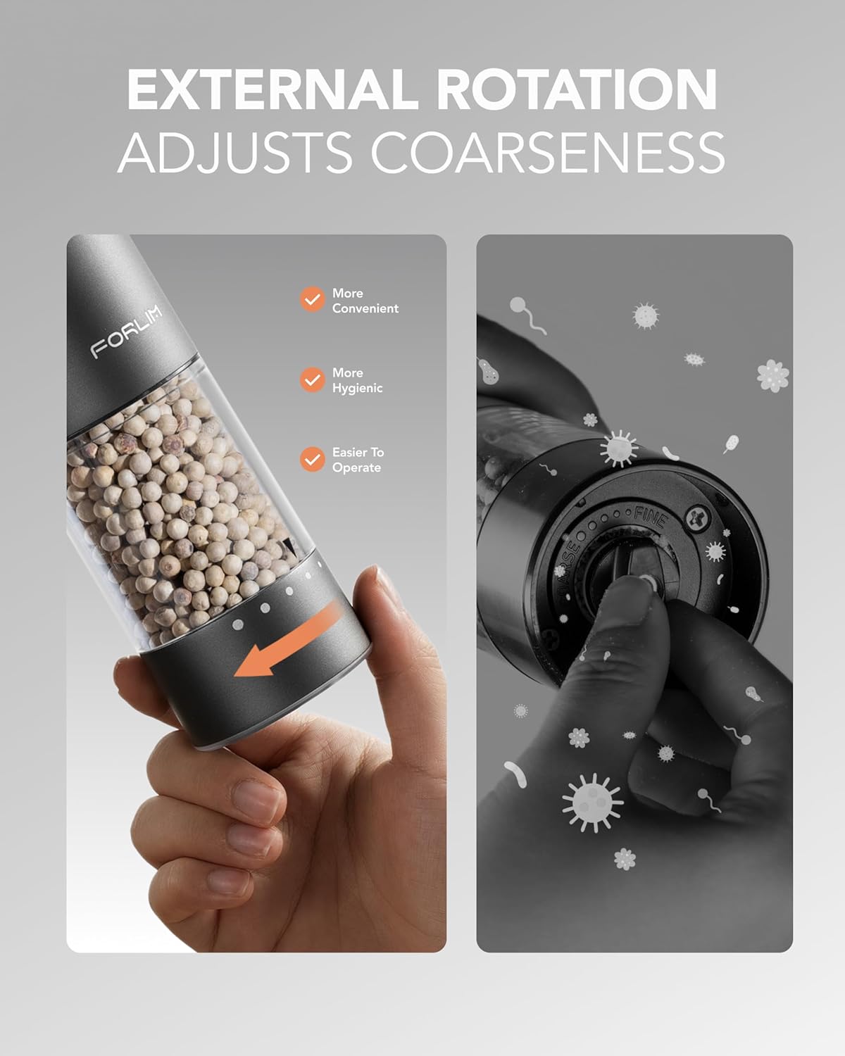 FORLIM 2-Speed Electric Salt And Pepper Grinder Set, External Rotation To Adjust Coarseness, Electric Salt and Pepper Shaker With Charing Base, One-Button Automatic Grinding, Washable Container
