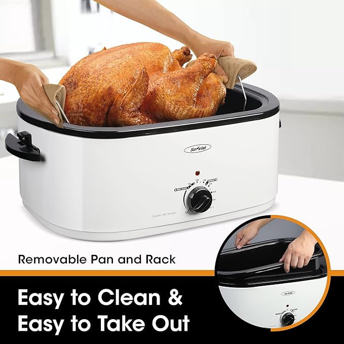 Roaster Oven, Electric Roaster Oven with Viewing Lid, Large Roaster with Removable Pan & Rack, Turkey Roaster with Unique Defrost/Warm Function, Stainless Steel, Sliver, 24QT