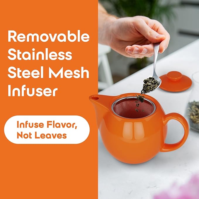 OmniWare 14 Oz Stoneware Teapot with Stainless Steel Mesh Infuser (Orange) - Microwave & Dishwasher Safe, Removable Infuser, Retro-Style Kitchenware Ideal for Loose Tea Brewing