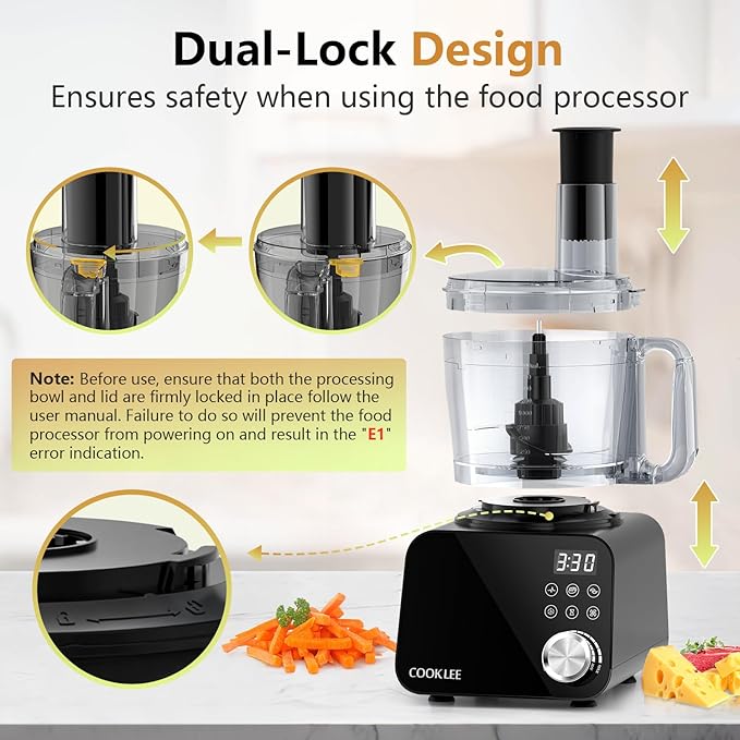 COOKLEE Food Processor, 600 Watts, 6 Functions Electric Food Chopper for Chopping, Mincing, Dicing, Shredding, Slicing, Purees & Dough with 12cup Processor Bowl, Food Chute & Pusher, Black