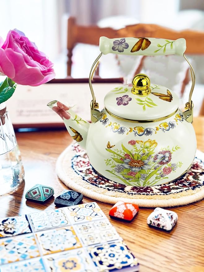 Floral Enamel Tea Kettle Vintage Teapot Colorful Boho Hot Water Bohemian Plant Flowers Print Coffee Kettle Pot 2.5L Porcelain Tea Pot for Stovetop Kitchen Decor