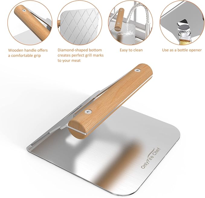 Onlyfire 5.5 Inch Burger Smasher, 304 Stainless Steel Square Burger Press with Wooden Handle for Flat Top Griddle Grill, Great for Cooking Bacon, Sandwiches, Meat, Steak