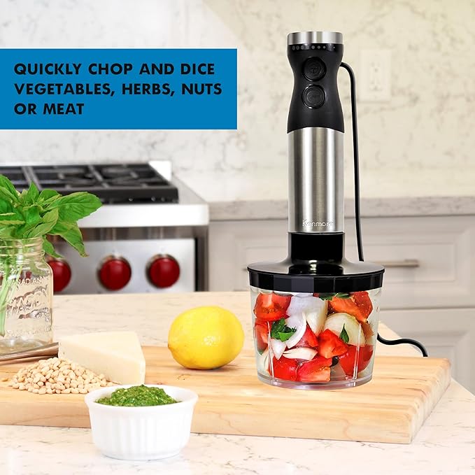 Kenmore Immersion Blender - Handheld Stick Mixer For Kitchen, Food Chopper, Whisk, Smoothie Milkshake Maker, Blend Baby Food, Protein Shake, Puree, Batidora De Inmersión Stainless Steel Blade, Black