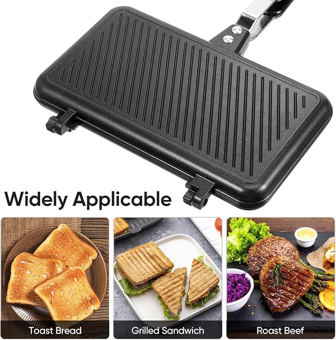Double- Sided Frying Pan Non- Stick Grill Pan Waffle Maker Sandwich Baking Mold for Cake Toast Snack Breakfast, Aluminum Sandwich Maker
