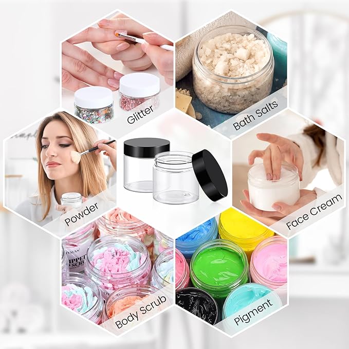 TUZAZO 2 Oz Small Plastic Container Jars with Lids and Labels BPA Free, Empty Round Clear Cosmetic Containers Plastic Slime Jars for Lotion, Cream, Ointments, Samples, Makeup, Travel Storage (12 Pack)
