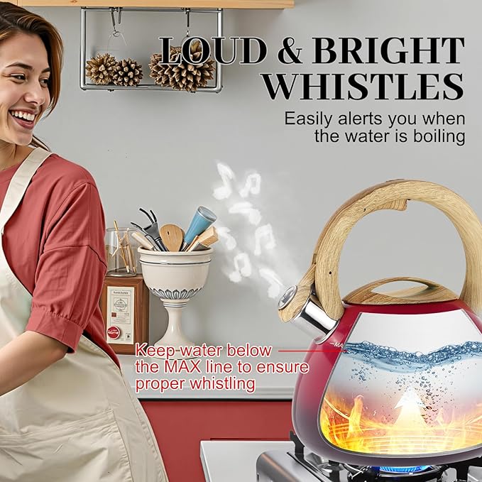 MARSKITOP Tea Kettle for Stove Top, Food Grade Stainless Steel Teapot for Stovetop, Tea Pot for Stove with Anti-Hot Handle, Stove Top Whistling Tea Kettle for Boiling Water, 2.6 Quart, Red
