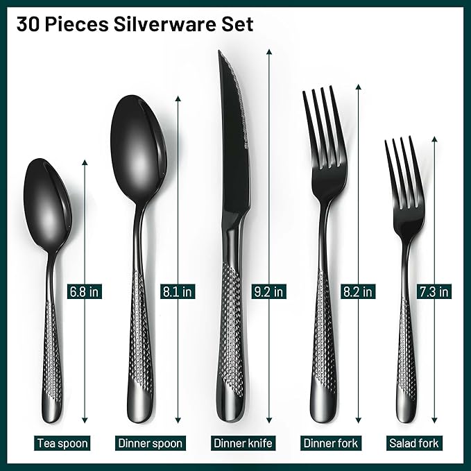 Silverware Set, 30 Pieces Black Hammered Flatware Set for 6, Mirror Polished Stainless Steel Cutlery Set for Home, Kitchen, Restaurant and Hotel, Dishwasher Safe