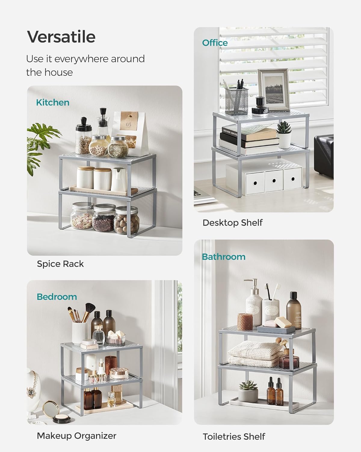 SONGMICS Spice Racks, Set of 4 Metal Cabinet Shelf Organizers, Countertop Organizers, Shelf Risers, Stackable, Expandable, Silver UKCS006S01