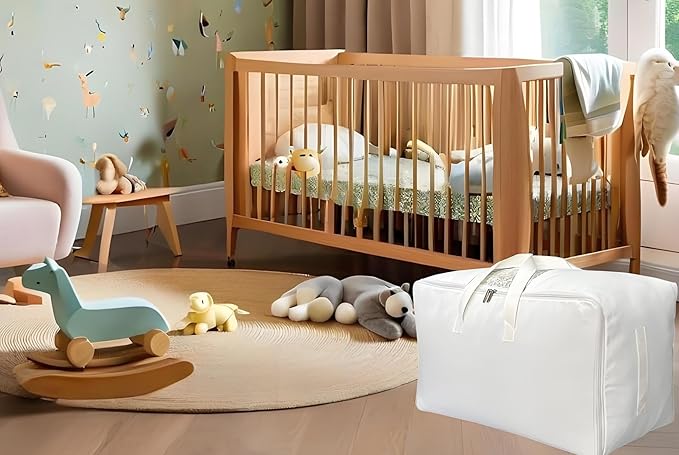 Soft Canvas Clothes Storage Bags with Four Carrying Handles and Clear Window, Closet Organizer for Clothing, Blankets Sheets Pillows and Bedding, 55L, 4 Pack, White