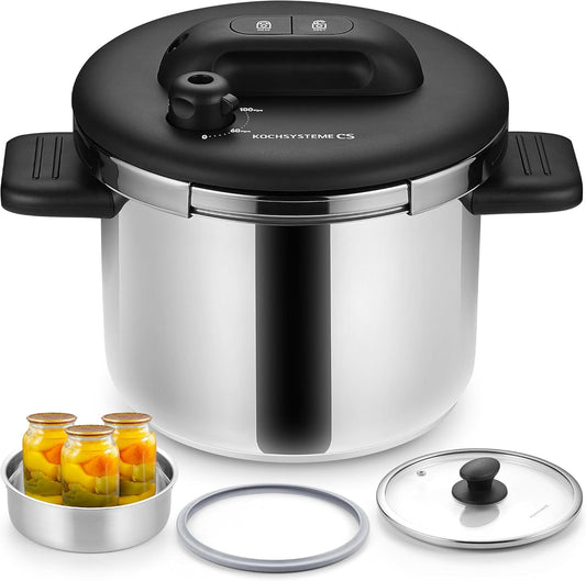 KOCH SYSTEME CS Pressure Cooker Stainless Steel, 6.3 QT Olla de Presion, Easy One-Press Lock, 3 PSI Settings Pressure Cooker, Save 70% Time, Gas & Induction Compatible, Glass Lid & Steamer Rack