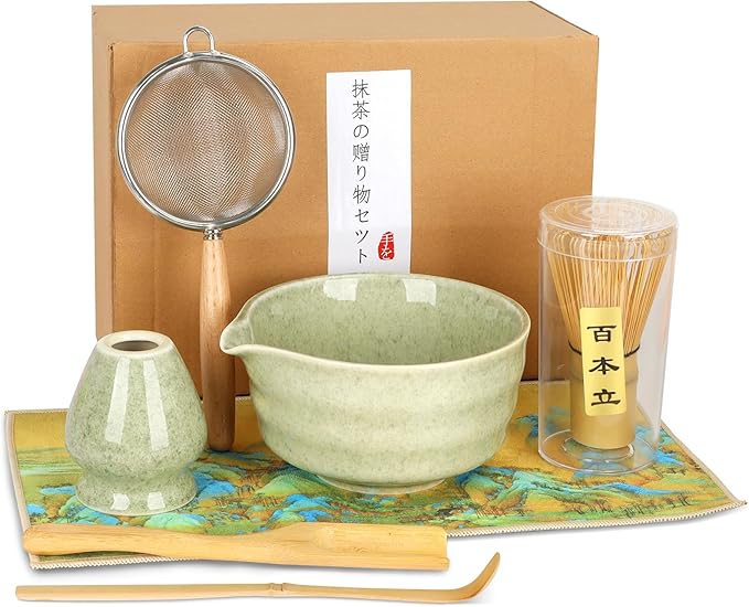 7 Pcs Matcha Whisk Set Kit, Includes Bowl, Bamboo Whisk and Holder, Bamboo Scoop, Scoop, Sifter and Tea Towel