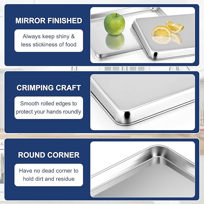 P&P CHEF 17.3 Inch Baking Cookie Sheet, Oven Pan Tray Stainless Steel Sheet Pan for Kitchen, Oven Bakeware for Multi Uses, Shiny Look & Dishwasher Safe, Healthy & Heavy Duty, 2Pcs
