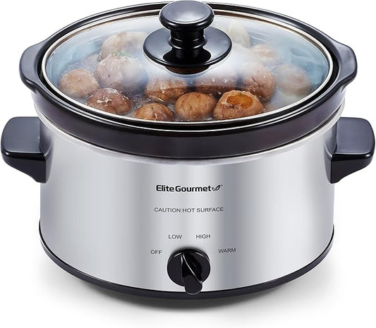 Elite Gourmet MST-275XS Electric Oval Slow Cooker, Adjustable Temp, Entrees, Sauces, Stews & Dips, Dishwasher Safe Glass Lid & Crock (2 Quart, Stainless Steel)