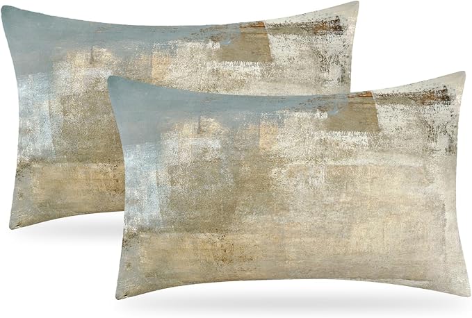 Grey and Beige Abstract Art Contemporary Pillow Cover, Modern Neutral Decorative Throw Pillows Cushion Cover for Bedroom Sofa Living Room 12 x 20 Inch Set of 2