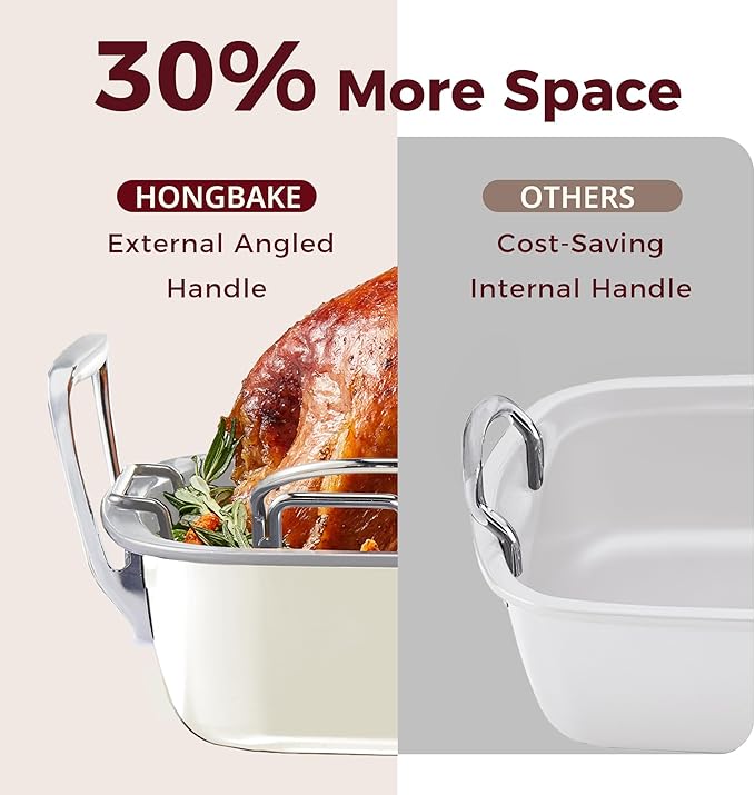 HONGBAKE Ceramic Coated Nonstick Large Turkey Roasting Pan with Rack (U-Shaped), 18.7×13.6 Inch Deep Roaster Pan for 25 lb Turkey & Chicken, Wider Handles, Non Toxic, PFOA & PTFE-Free, Cream & Gray
