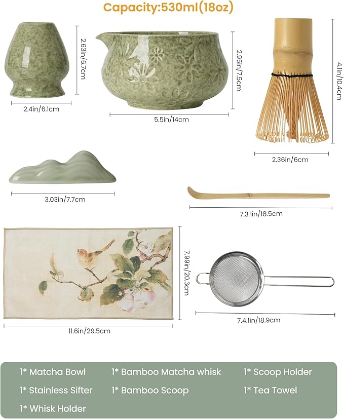 Matcha Whisk Set 7 Piece Ceramic Matcha Kit,18 oz Matcha Bowl with Bamboo Whisk & Holder, Bamboo Scoop, Scoop Rest, Sifter and Tea Towel, Complete Matcha Set for Beginners and Tea Lovers(Green)