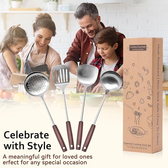 Stainless Steel Cooking Utensils Set, 4 PCS Kitchen Utensils Set with Wooden Handles, Heat Resistant Cooking Tools for Solid & Slotted Turner Wok Spatula, Soup Ladle, Slotted Spoon