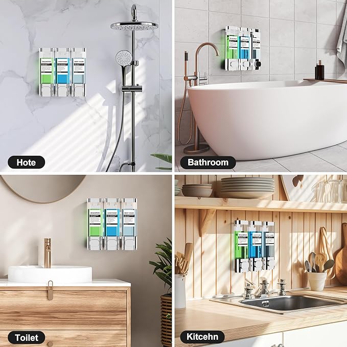 3-Chamber Wall Mounted Shampoo and Conditioner Dispenser,300ML Each Shower Soap Dispenser,Easy Refill,No Drip,Ideal for Shampoo,Conditioner,Body Wash for Bathroom Kitchen Hotel