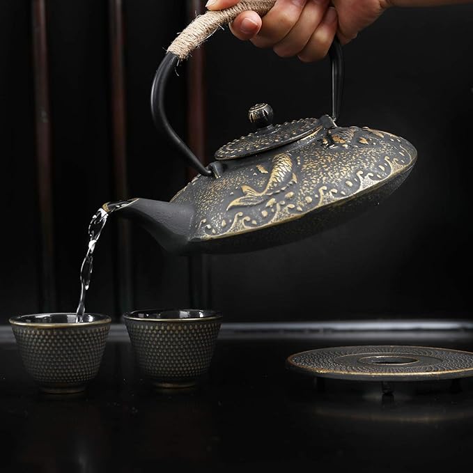 Ufine Koi Fish Cast Iron Teapot Set Stove Top Tea Kettle with 4 Cups Japanese Style Tetsubin Tea Gift Set, 26 oz with Stainless Steel Infuser