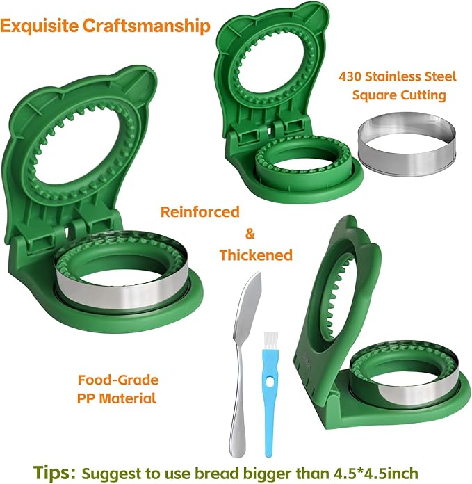Sandwich Cutter and Sealer - 3.7" Circle & Square Pocket Sandwich Maker, Intuitive & Easy-to-Use for Boys &Girls, Perfect for Breakfast & Lunchboxes (Green, Round)