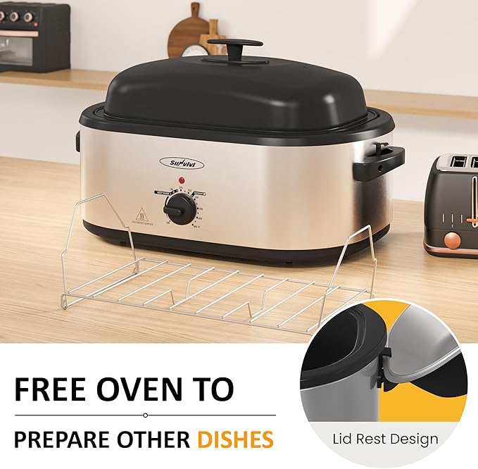 Sunvivi Electric Roaster Oven, 24 QT Turkey Roaster Oven with 3 Bin Buffet Server, 150-450F Full-Range Temperature Control, Removable Pan & Rack, Stainless Steel, Silver