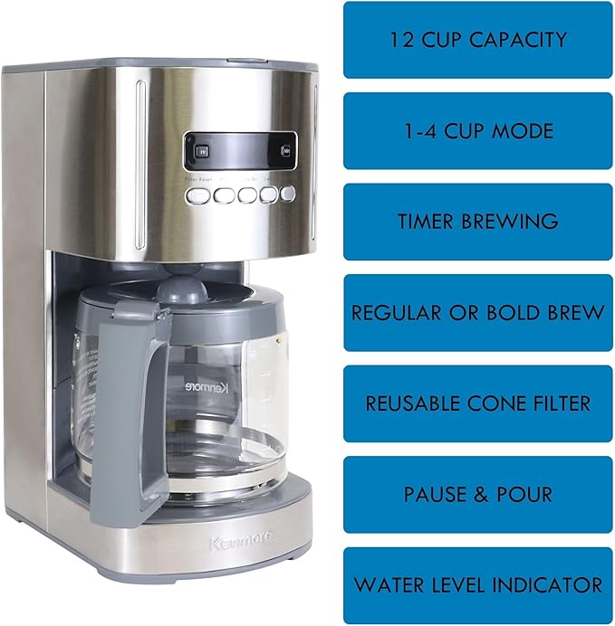 Kenmore Drip Coffee Maker - 12 Cup Programmable Cafe Machine With Glass Pot, Regular & Bold Brew, Auto Shut Off Large Water Reservoir, Reusable Filter, Kitchen Appliances For Cafeteria Barista