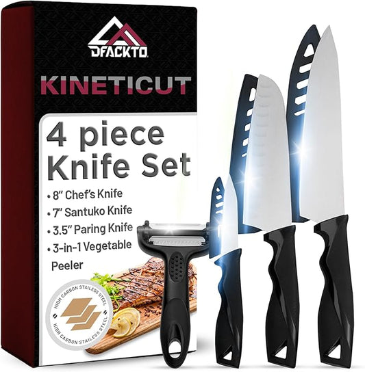 DFACKTO 4-Piece Kitchen Knife Set with Vegetable Peeler without Block – Stainless Steel Knives for Kitchen, Dishwasher Safe Cooking Knife Set with Covers, Sharp Cutting Knives for Cooking – Black